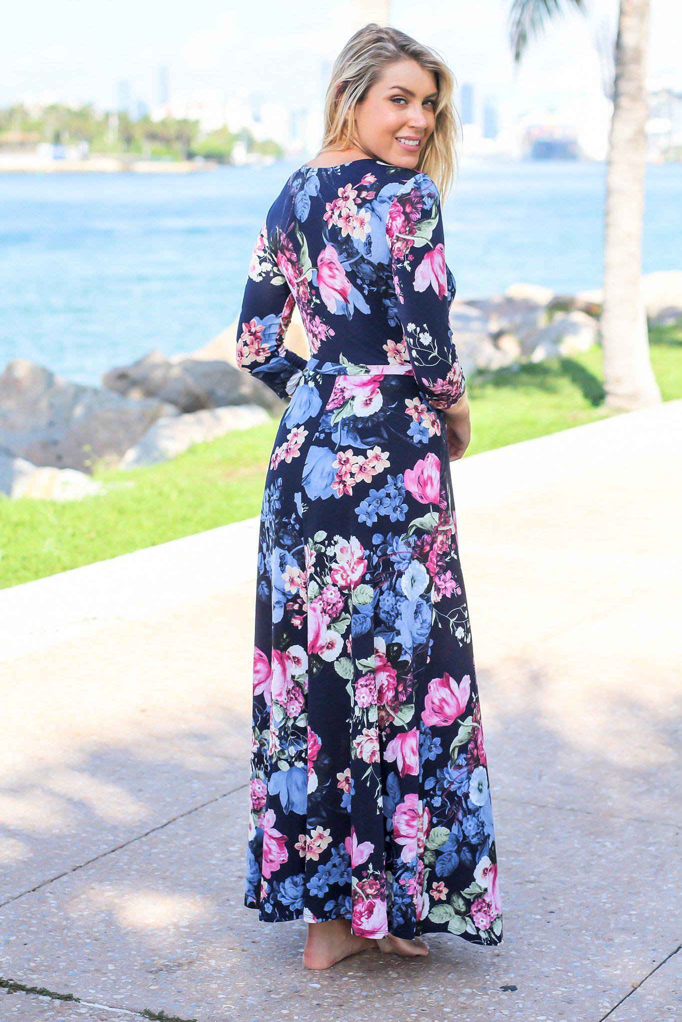 Navy and Pink Floral Wrap Maxi Dress with 3/4 Sleeves