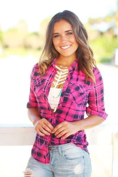 Pink and Navy Plaid Top