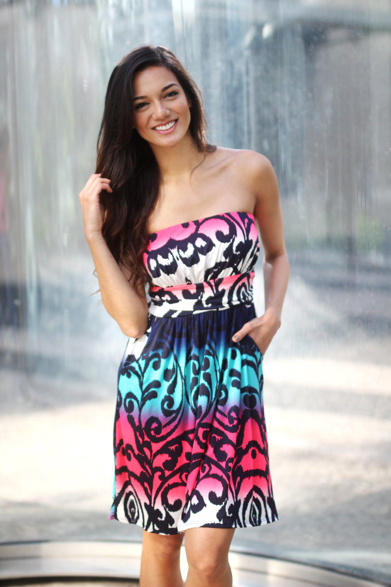 Navy and Pink Short Dress with Pockets
