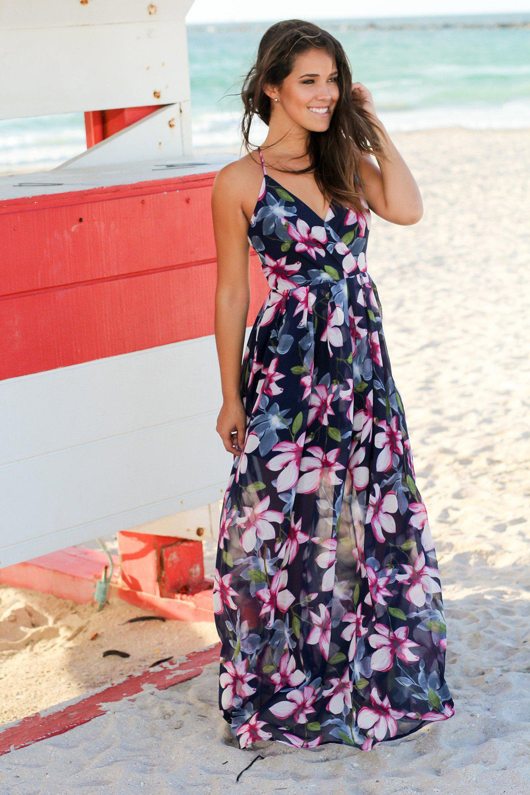 open lace back dress Navy and Purple Floral Maxi Dress with Criss Cross Back