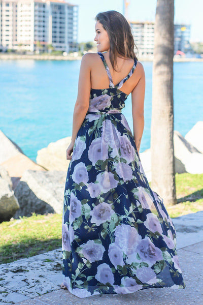Navy and Purple Floral Wrap Dress