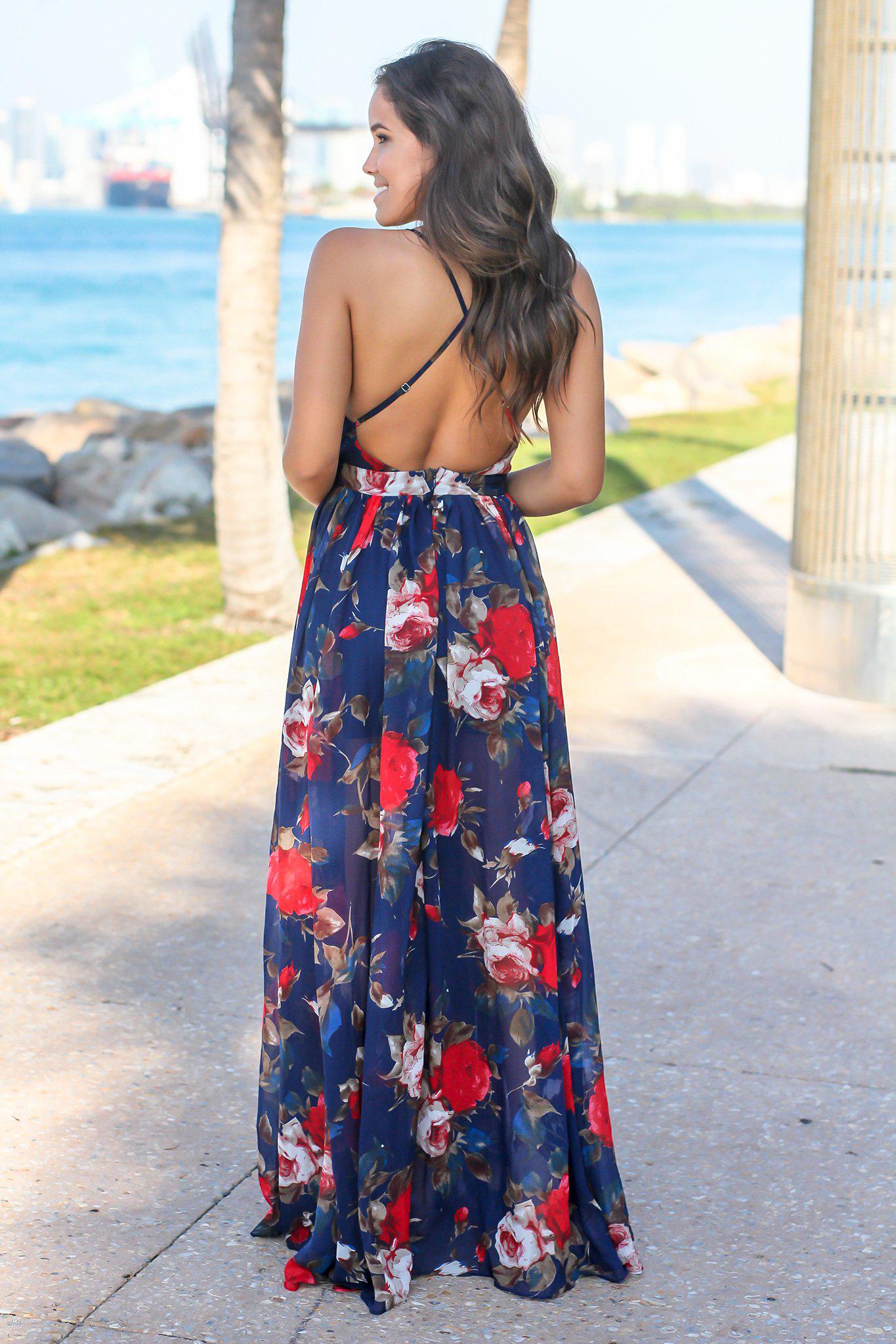 Navy and Red Floral Maxi Dress with Criss Cross Back