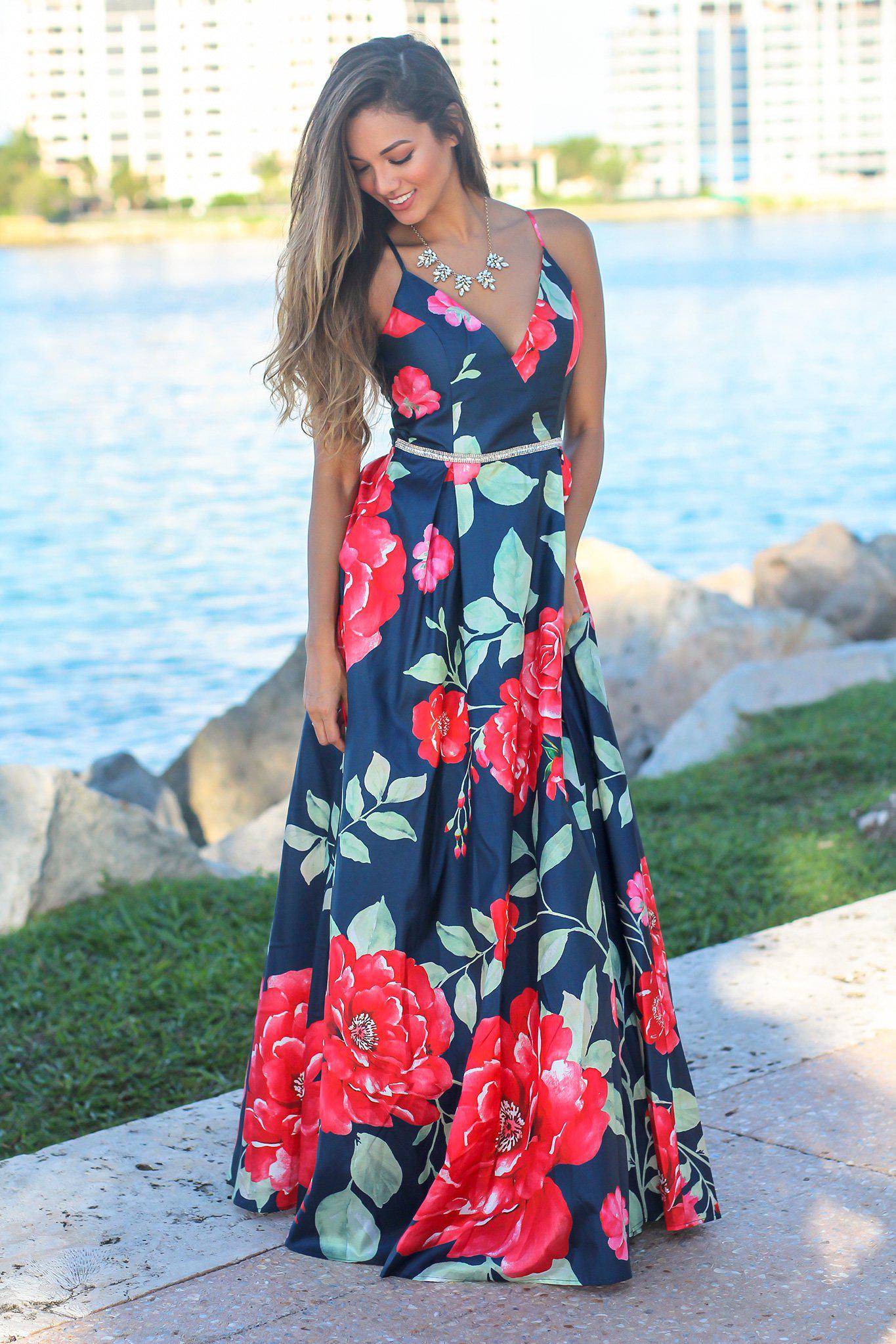Navy and Red Floral Maxi Dress with Pockets