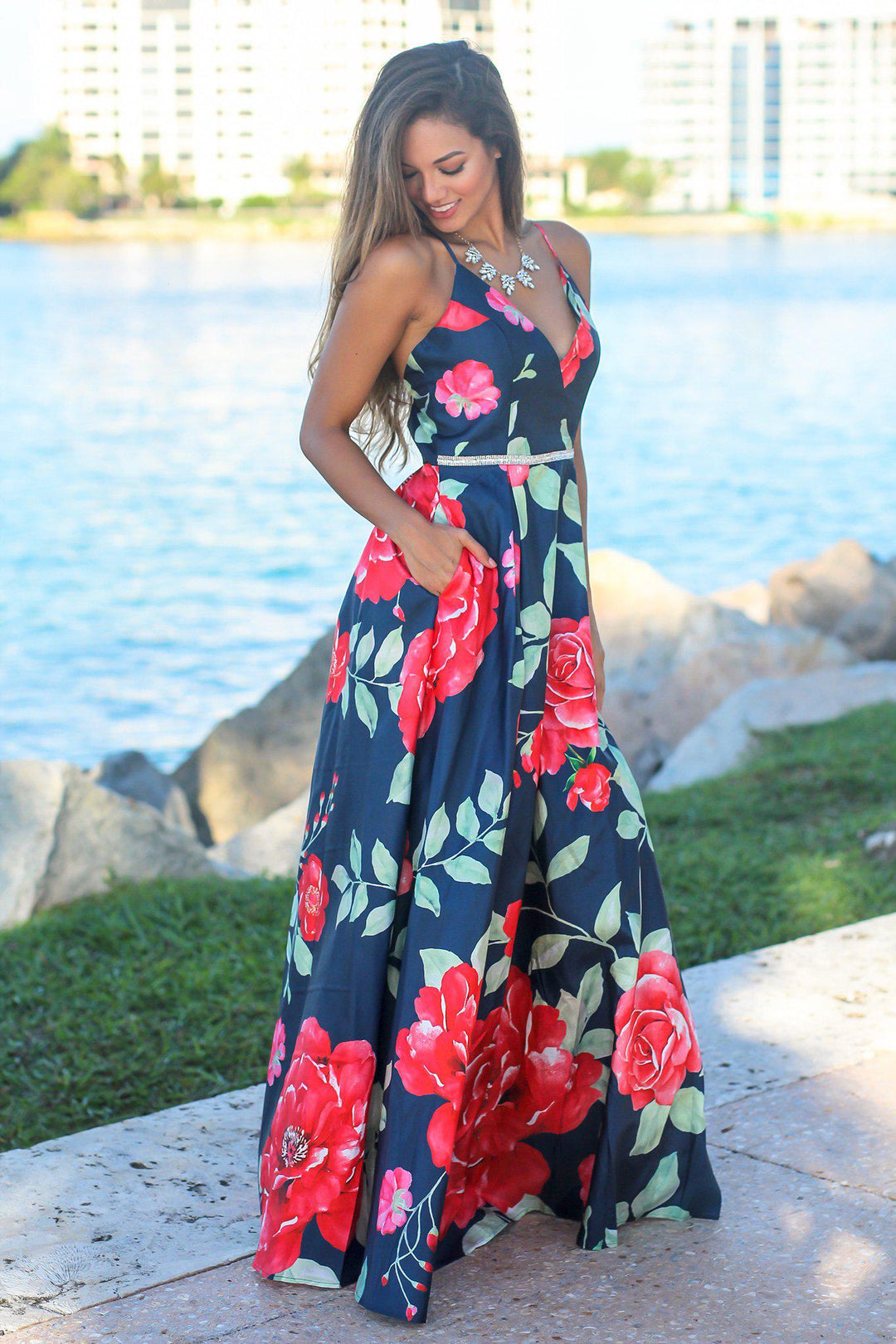 Navy and Red Floral Maxi Dress with Pockets Maxi Dresses Saved by the Dress