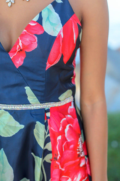 Navy and Red Floral Maxi Dress with Pockets