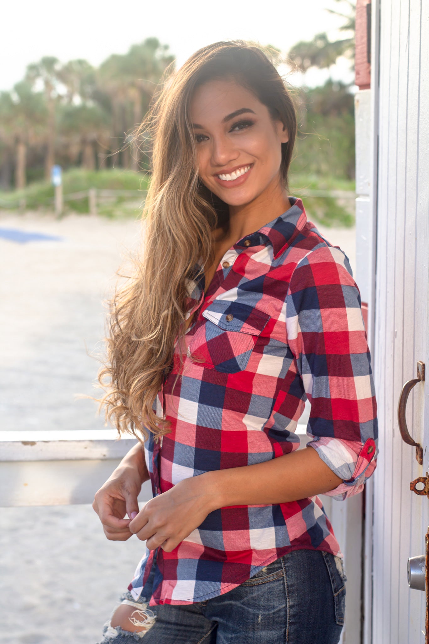 Navy and Red Plaid Top with Pockets