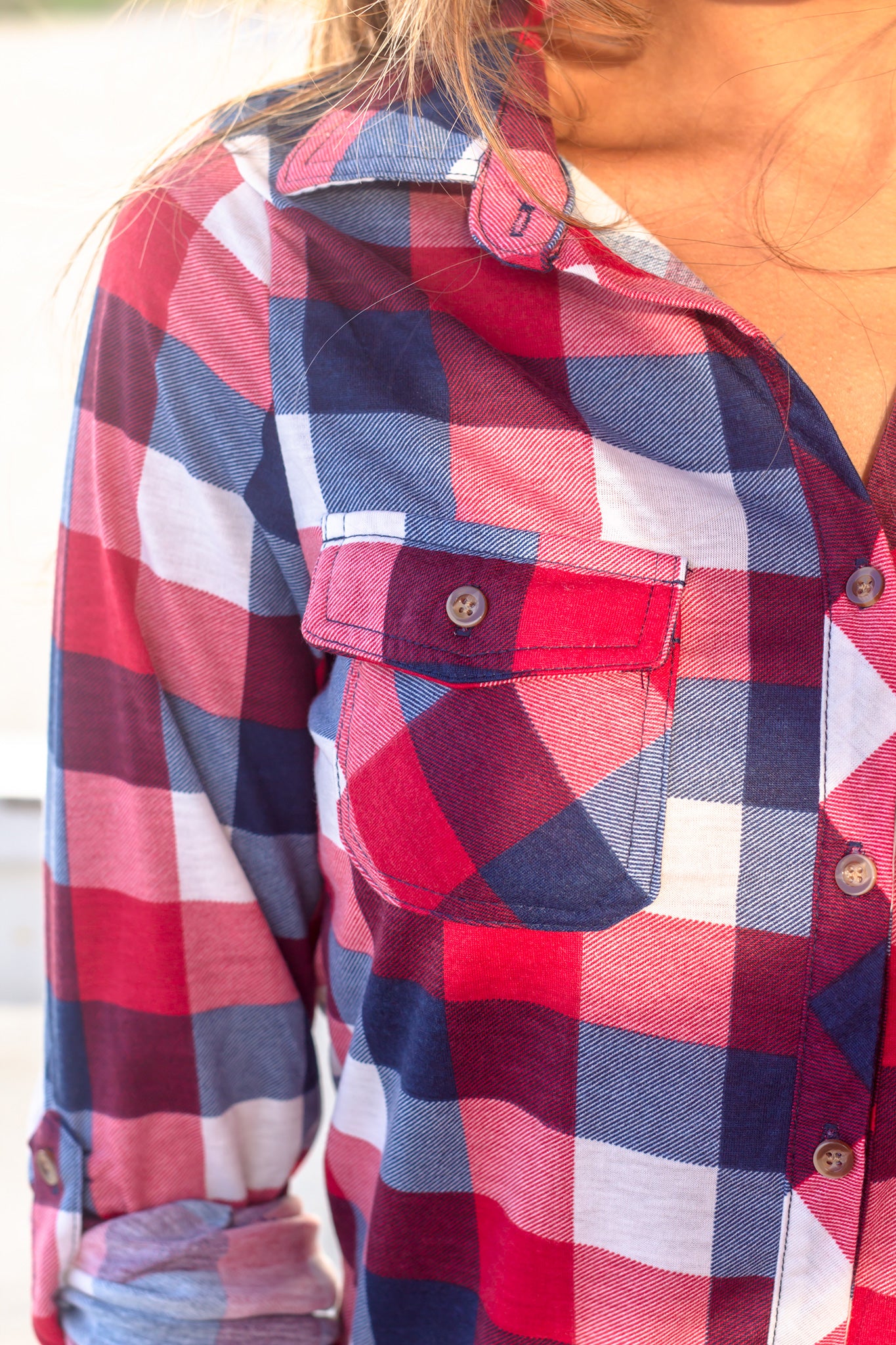 Navy and Red Plaid Top with Pockets