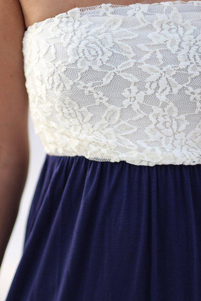 Navy and White Chevron Maxi Dress with Lace