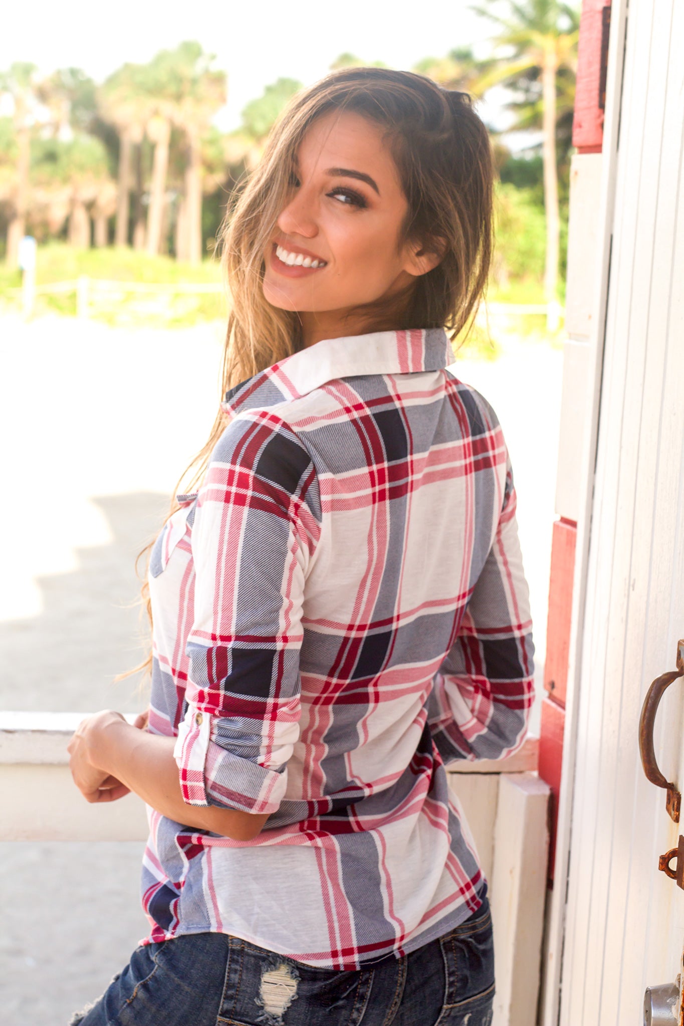 Navy and White Plaid Top