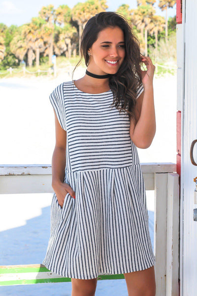 Navy and White Striped Short Dress with Pockets