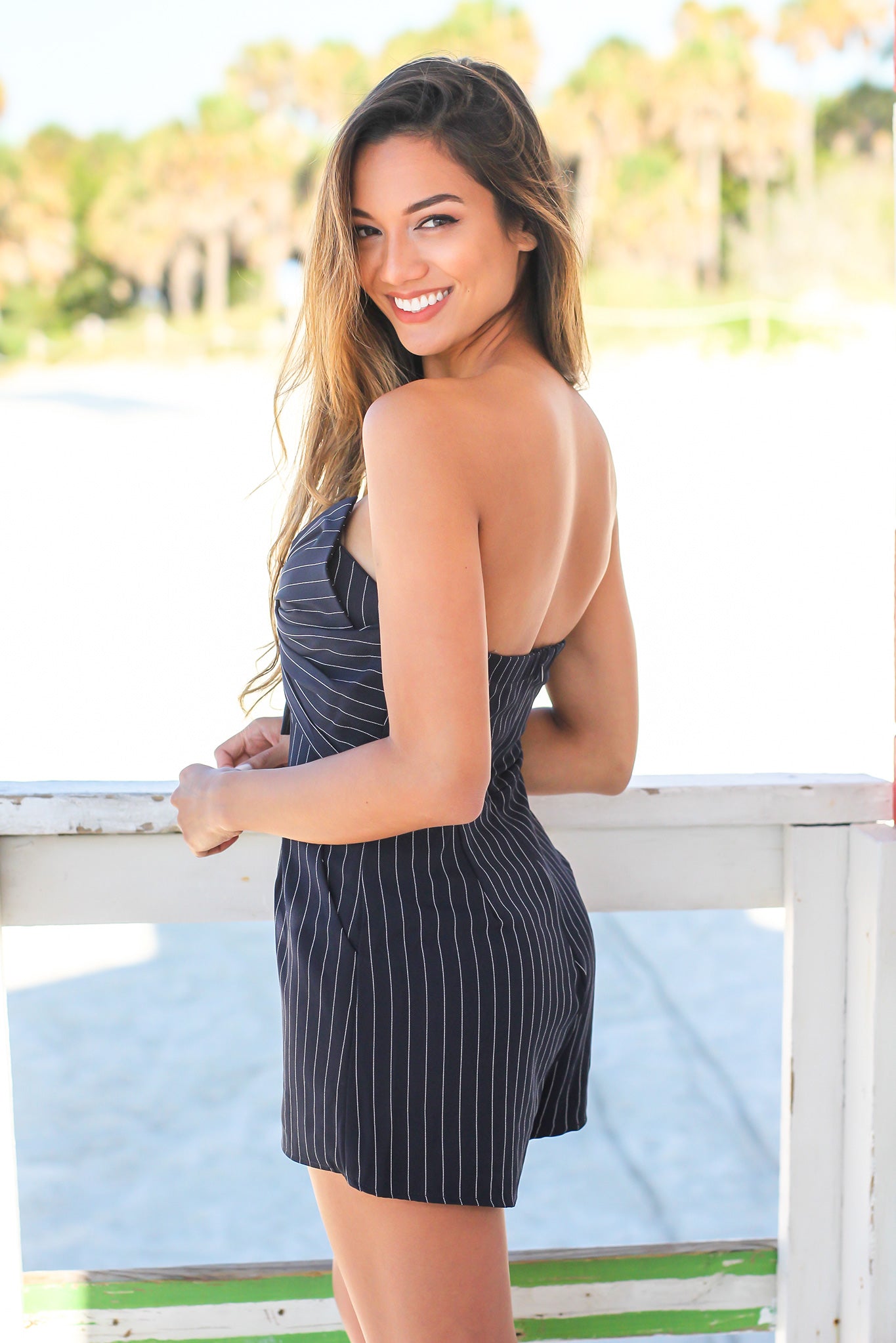 Navy and White Striped Strapless Romper
