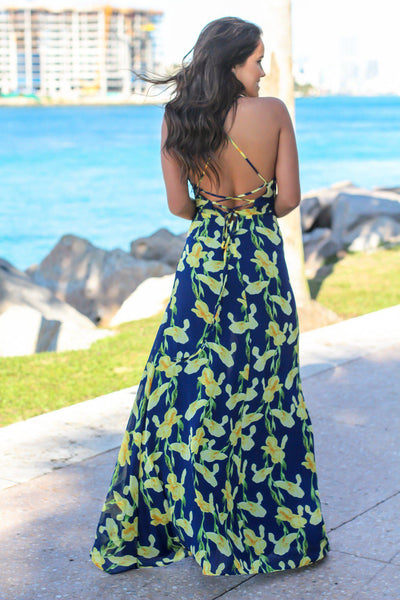 Navy and Yellow Floral Maxi Dress with Lace Up Back