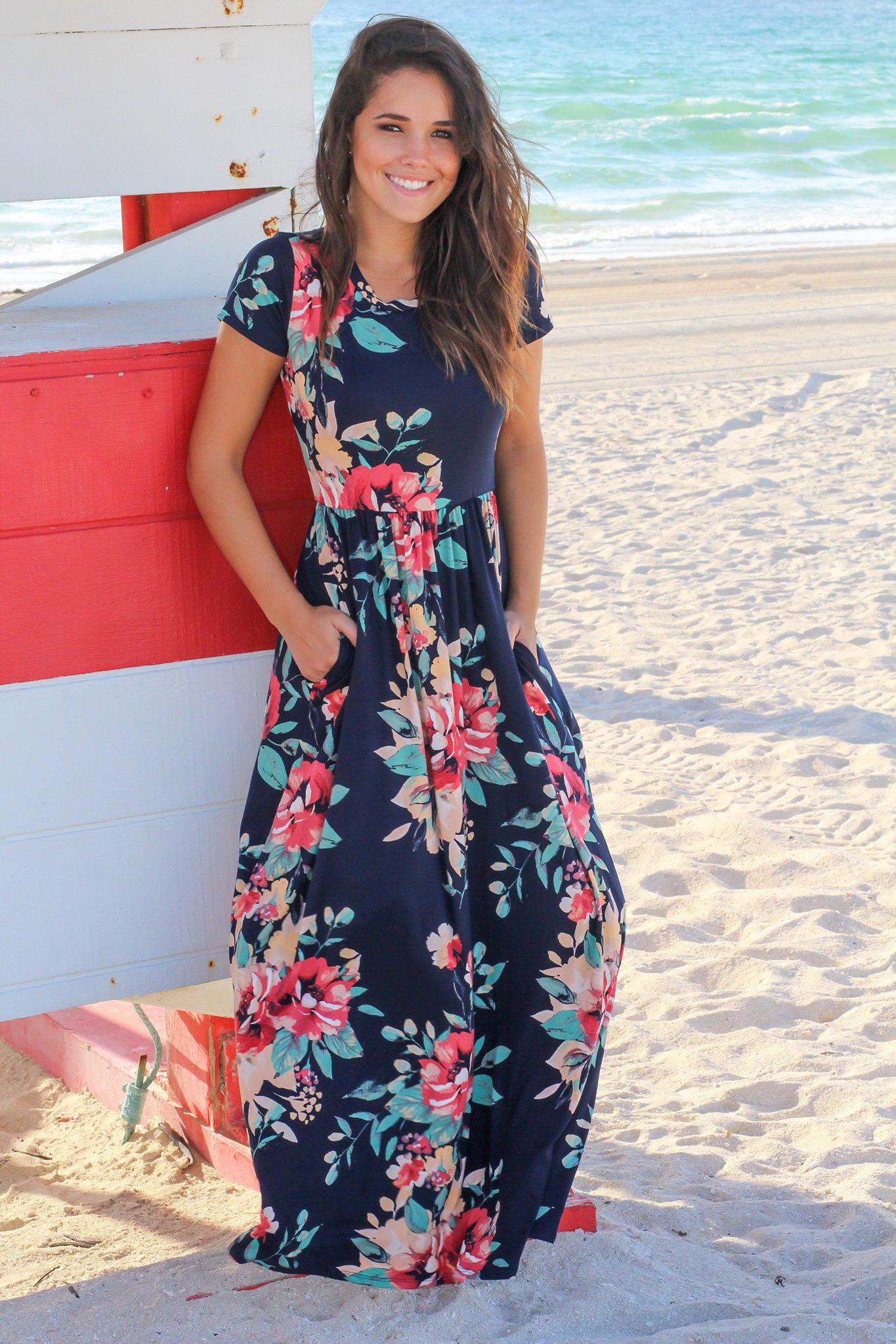 Navy and Yellow Floral Maxi Dress with Short Sleeves