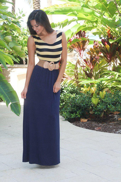 Navy and Yellow Maxi Dress with Belt