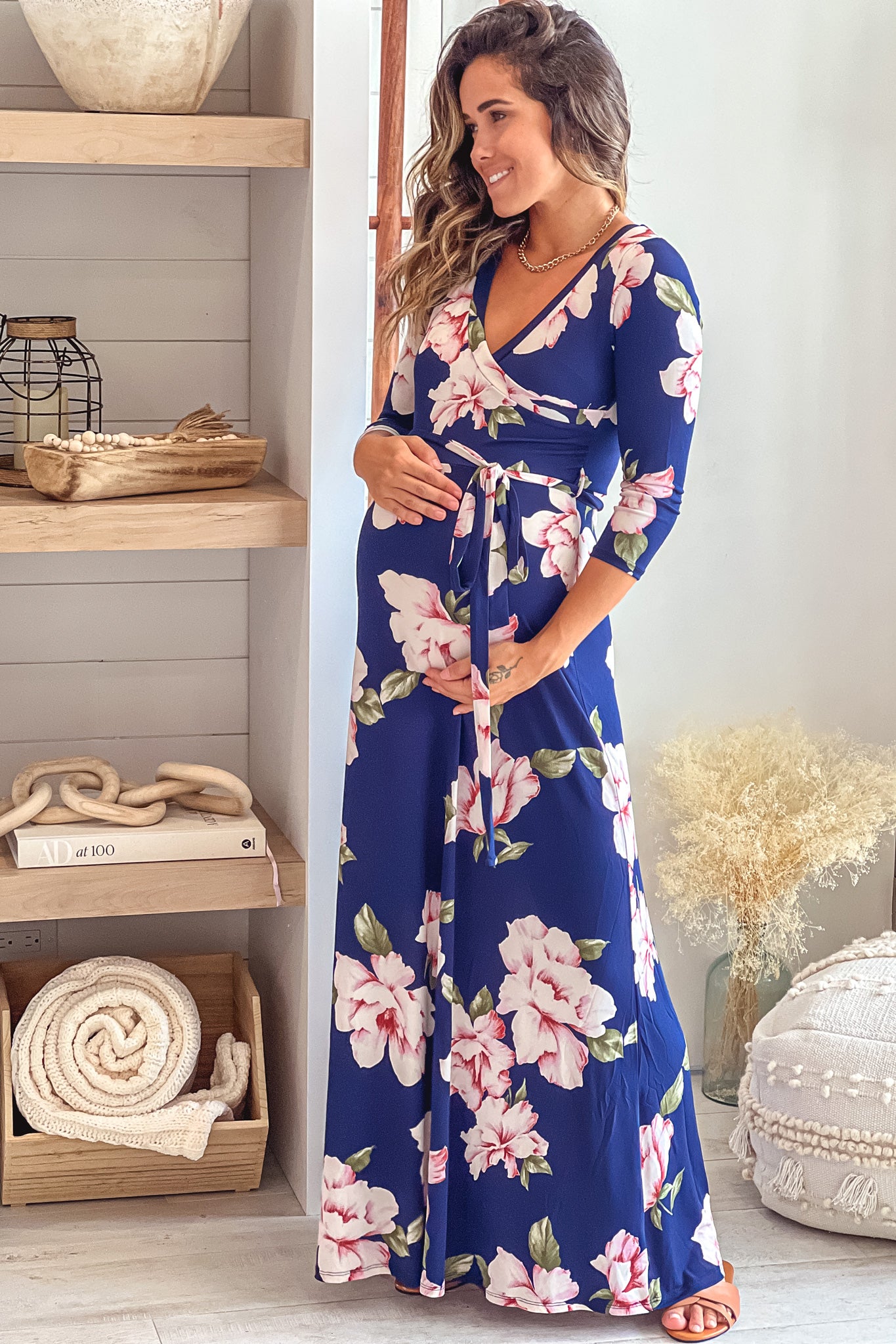 Navy and Pink Floral Maternity Maxi Dress with Tie
