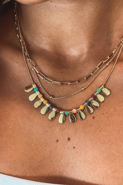 Gold Three Layered Necklace with Multicolor Beads