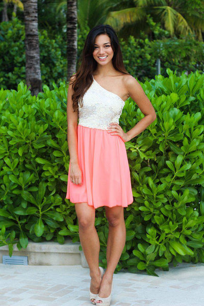 Neon Coral And Ivory One Shoulder Dress