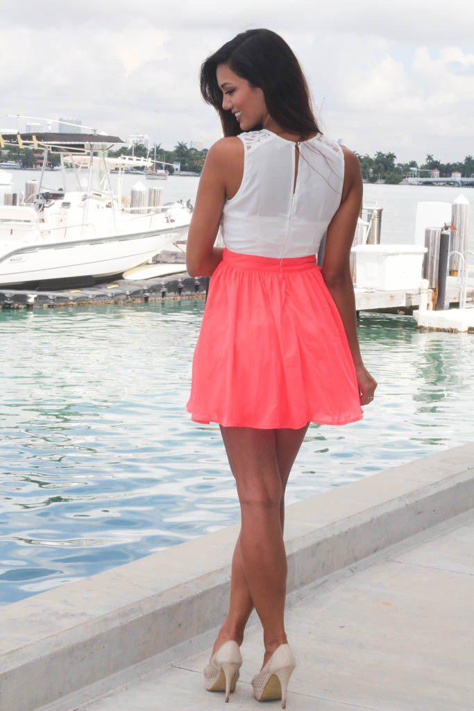 Neon Coral And White Lace Dress