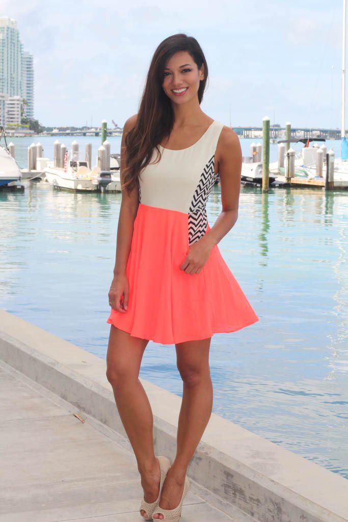 Neon Coral Chevron Dress With Pockets