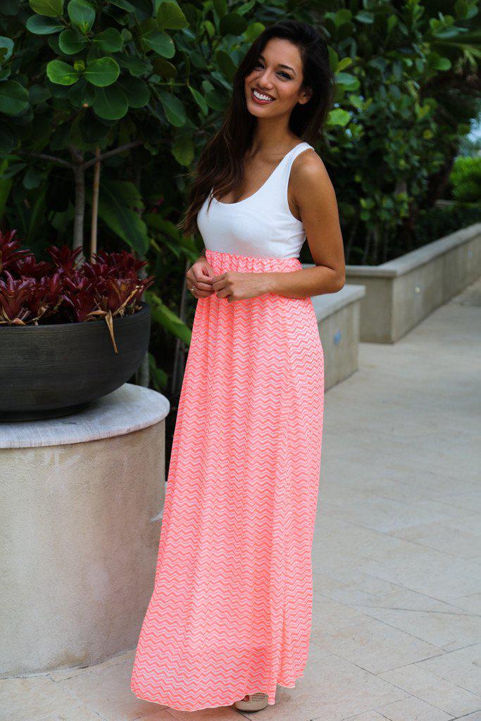 Neon Coral Chevron Maxi Dress – Saved by the Dress