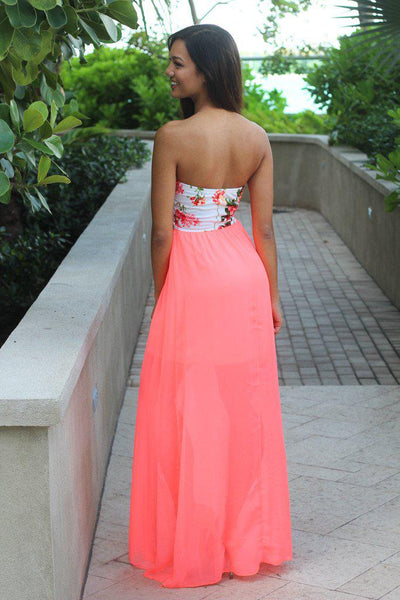 Neon Coral Maxi Dress with Floral Print Top