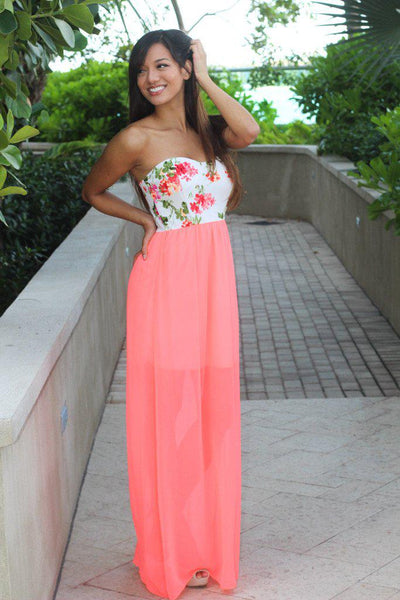 Neon Coral Maxi Dress with Floral Print Top