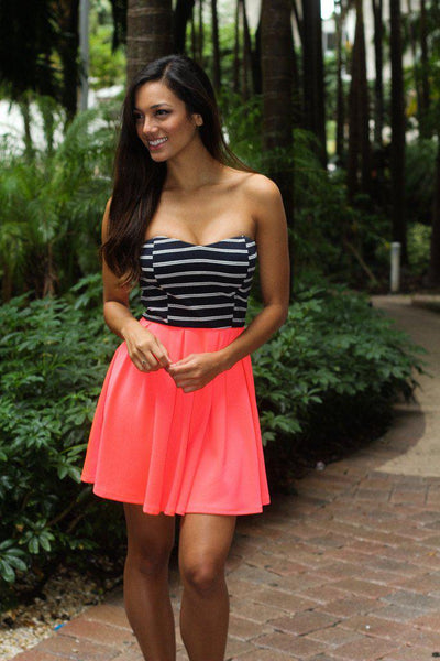Neon Coral Dress With Striped Top