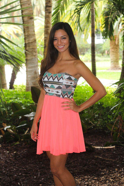 Neon Coral Short Dress With Sequin Top