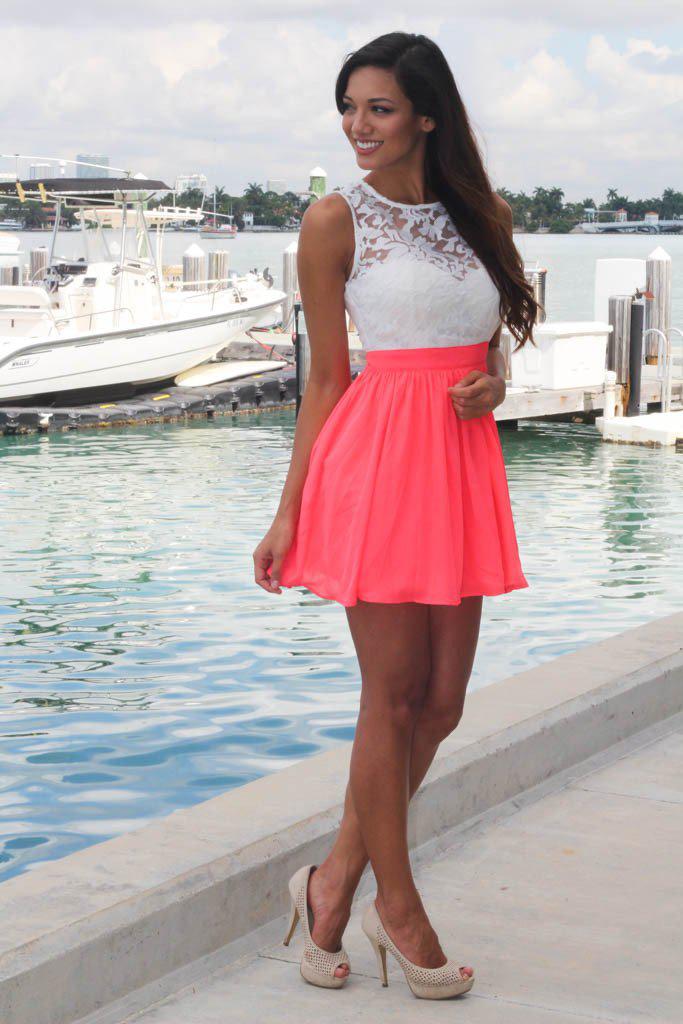 Neon Coral And White Lace Dress