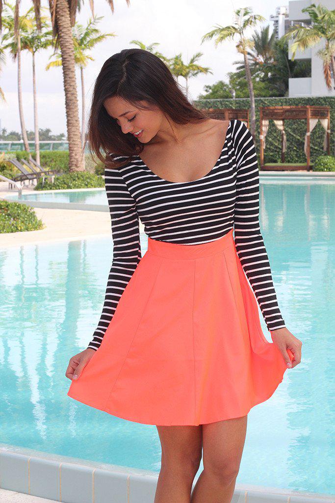 Neon Coral and Black Short Dress with Criss Cross Back