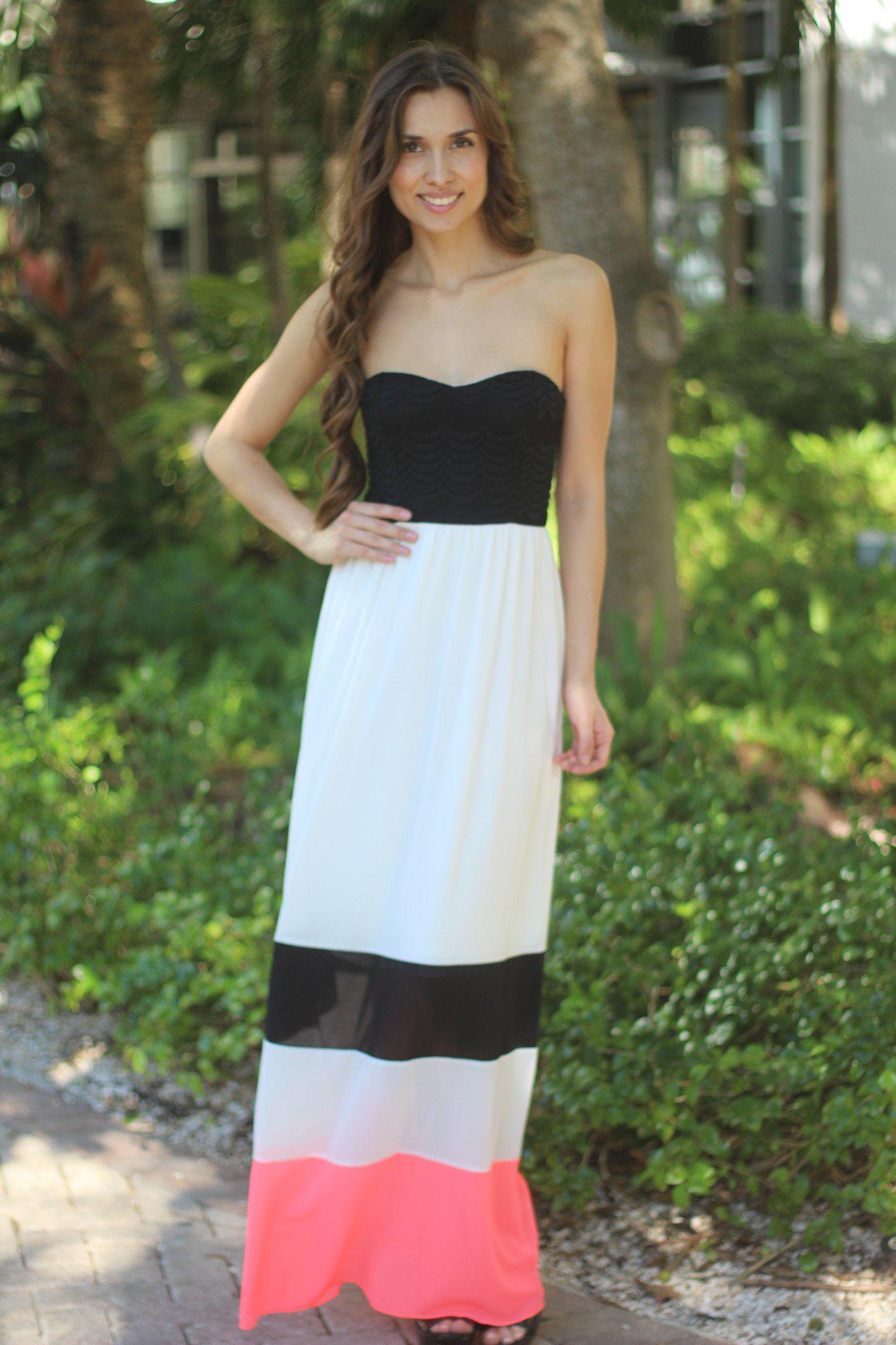 Neon Coral and White Maxi Dress