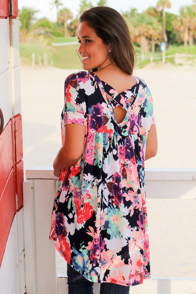 Neon Floral Top with Criss Cross Back