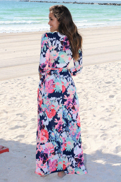 Neon Floral Wrap Maxi Dress with 3/4 Sleeves