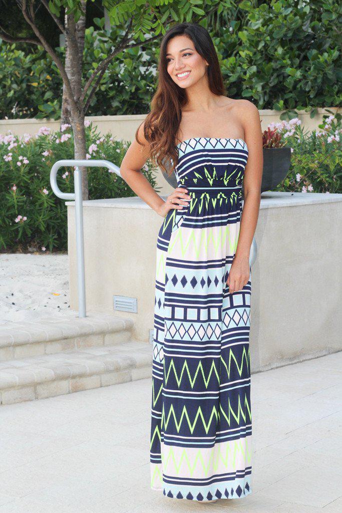 Neon Lime And Navy Chevron Maxi Dress With Pockets