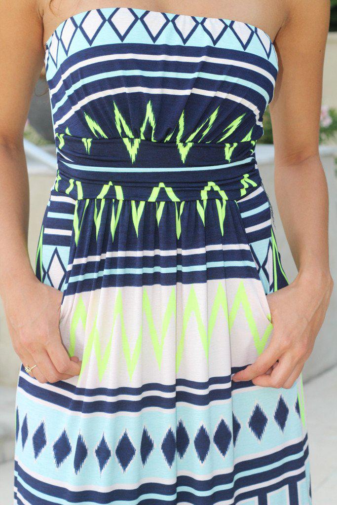 Neon Lime And Navy Chevron Maxi Dress With Pockets