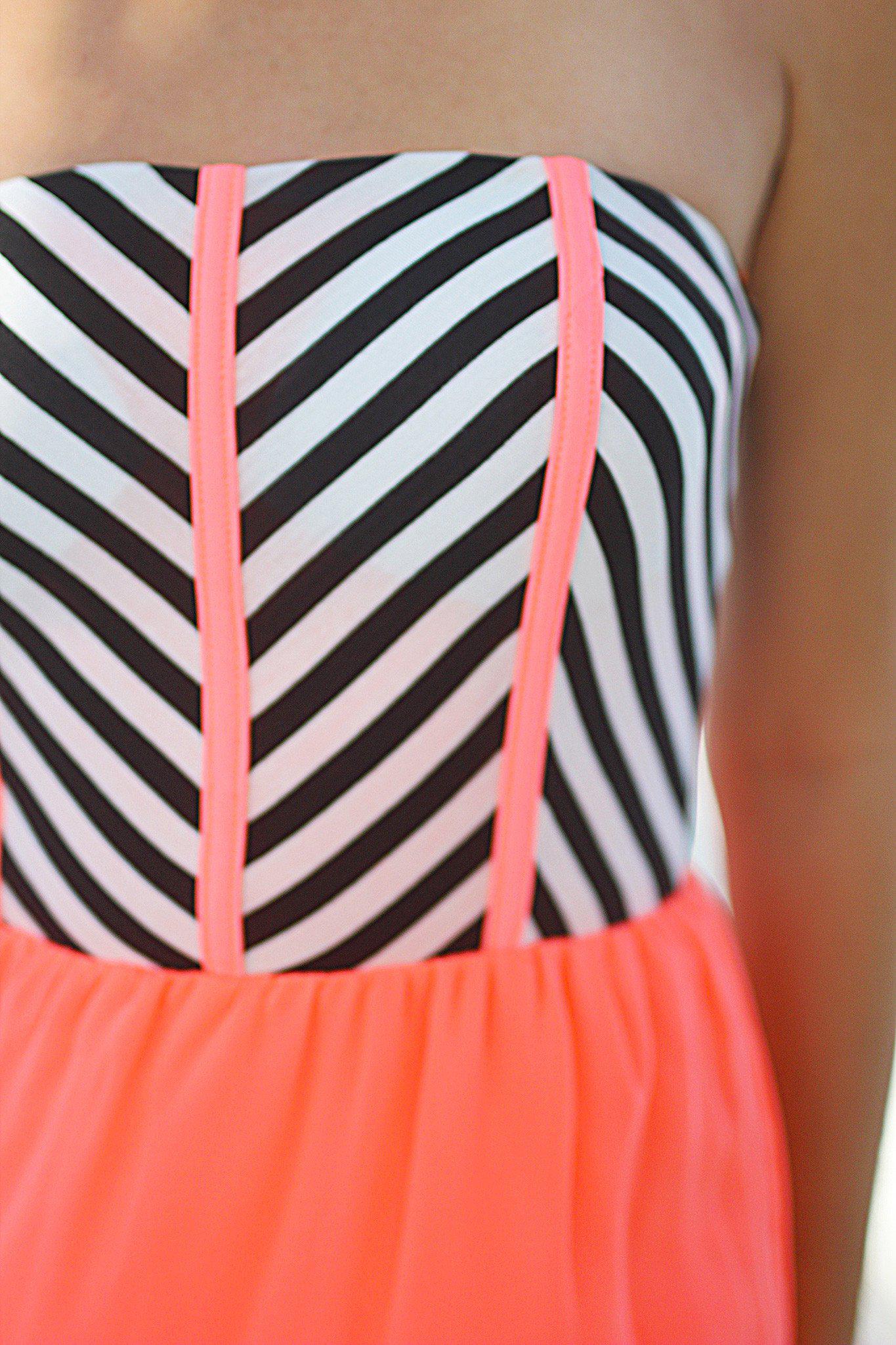 Neon Coral Maxi Dress with Striped Top