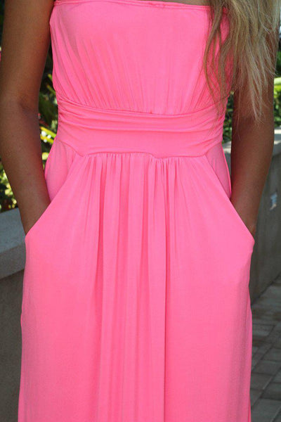 Strapless Neon Pink Maxi Dress With Pockets