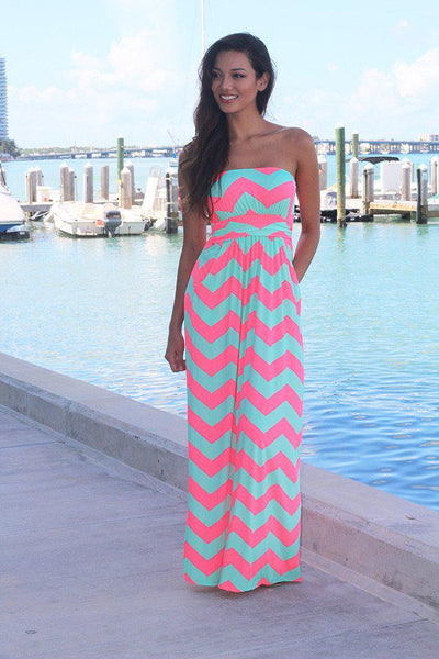 Neon Pink And Aqua Chevron Maxi Dress With Pockets