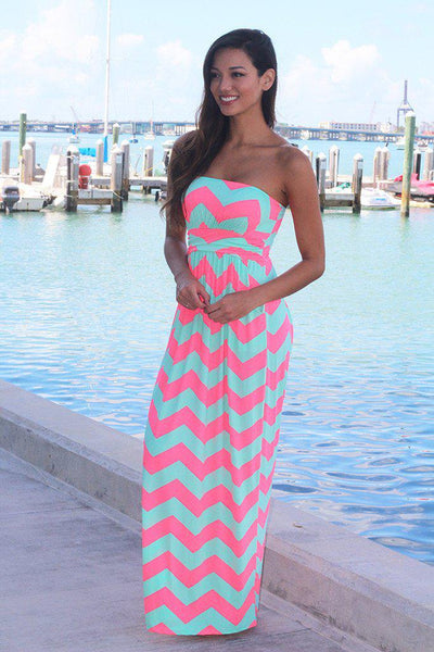 Neon Pink And Aqua Chevron Maxi Dress With Pockets