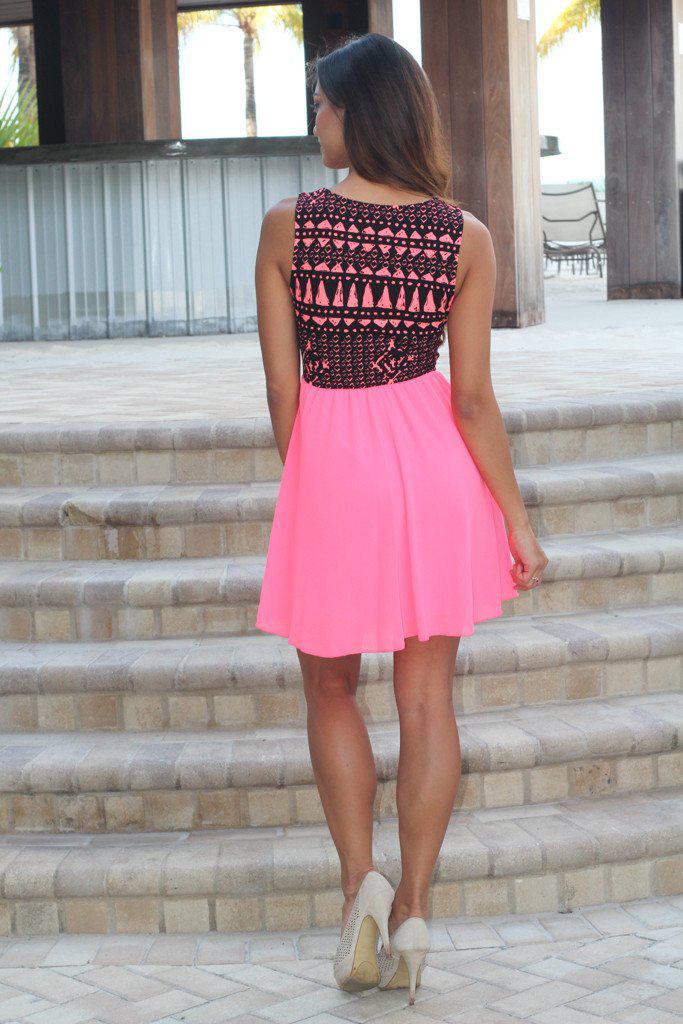 Neon Pink Short Dress with Printed Top
