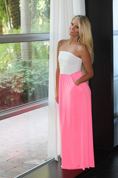 White & Neon Pink Maxi Dress With Pockets