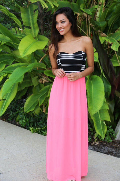 Neon Pink Maxi Dress With Striped Top