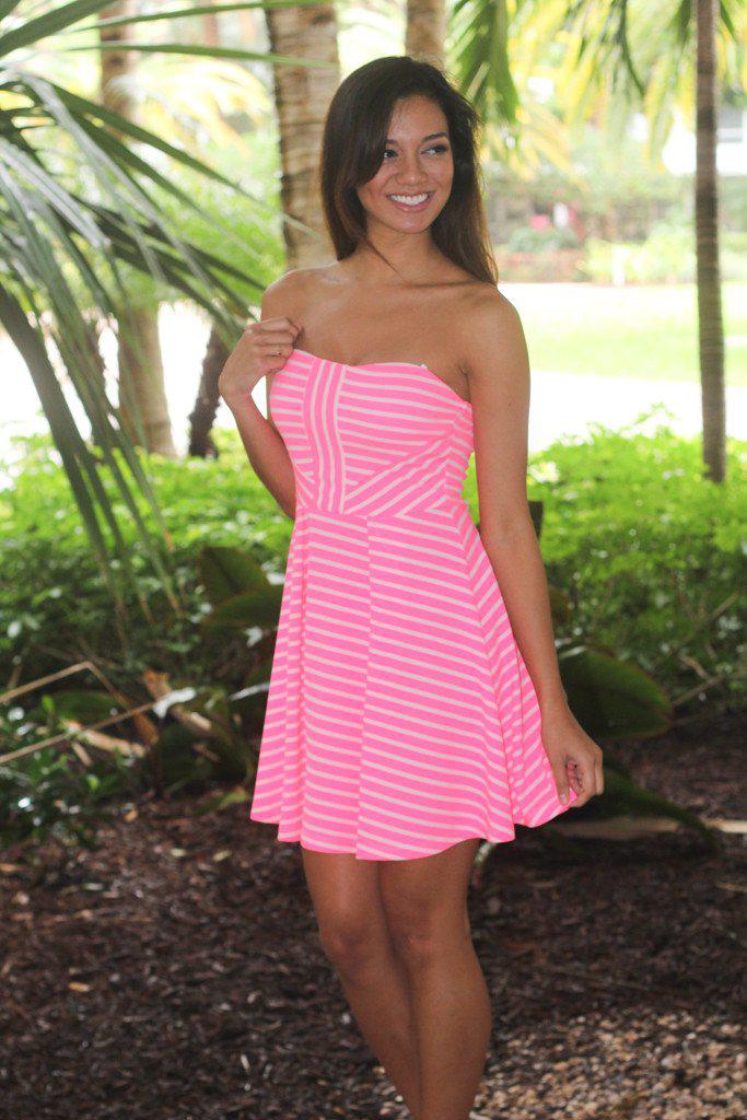 Neon Pink And White Striped Short Dress