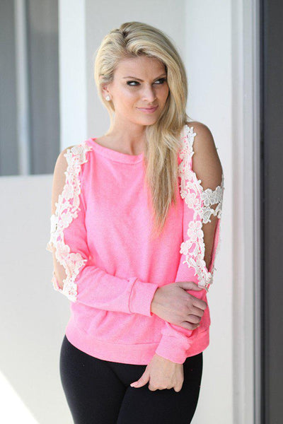 Neon Pink Top with Open Crochet Sleeves