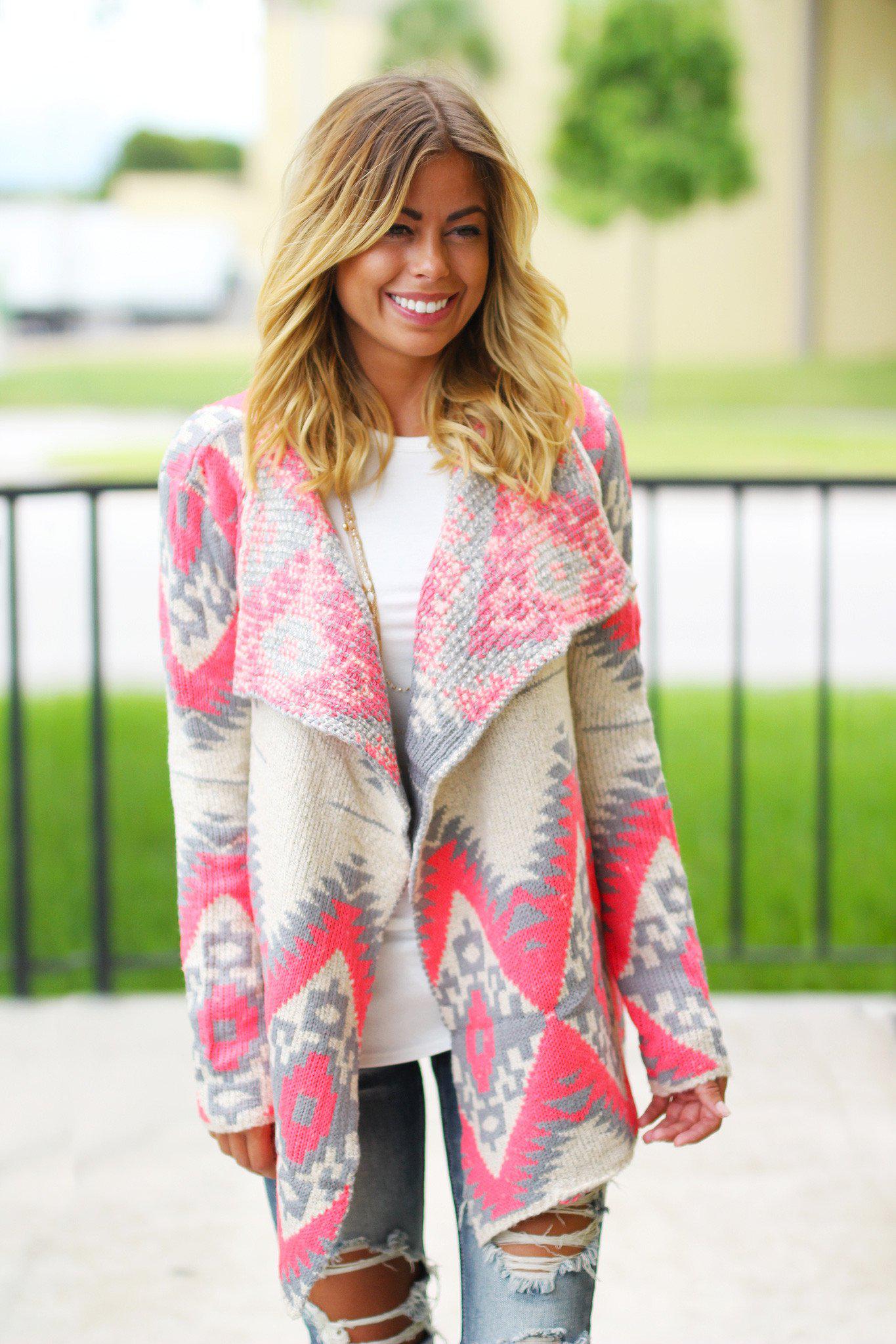 Neon Pink and Gray Aztec Cardigan
