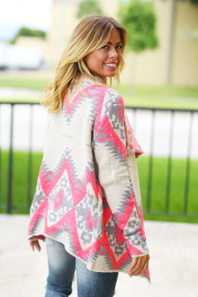 Neon Pink and Gray Aztec Cardigan