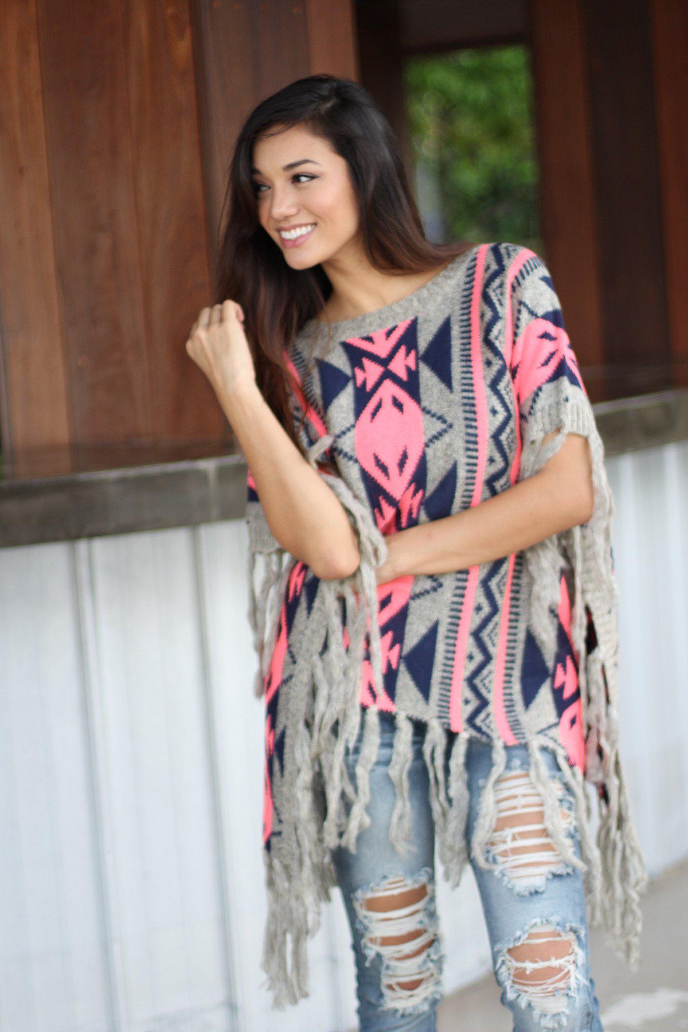 Neon Pink and Gray Poncho Sweater