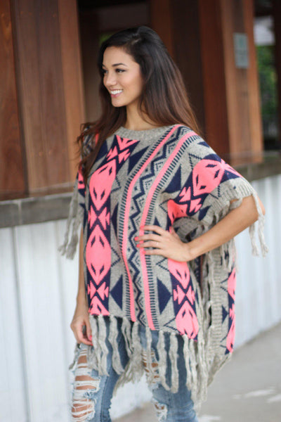 Neon Pink and Gray Poncho Sweater