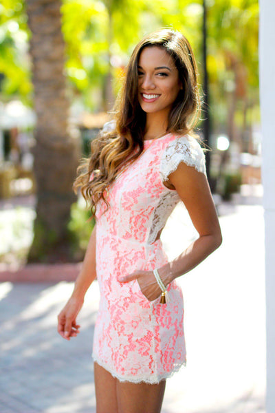 Neon Pink Lace Dress with Open Back