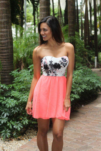 Neon Coral Short Dress With Floral Top